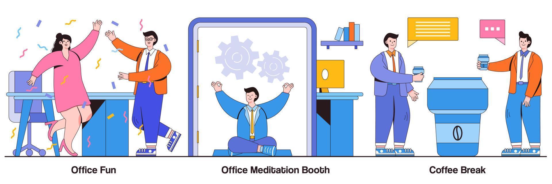 Office fun, meditation booth, coffee break concept with people character. Stress management at work vector illustration set. Employee wellbeing, team building activity, relax room, yoga break