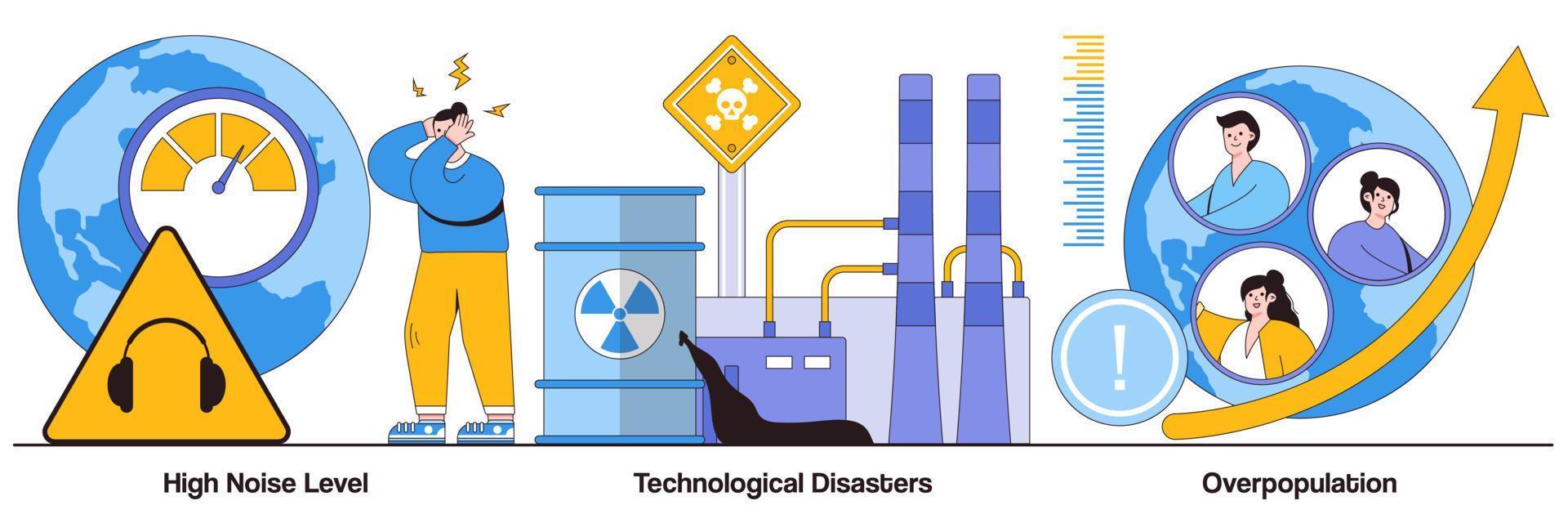 alto nivel de ruido, desastres tecnológicos, sobrepoblación con paquete de ilustraciones de personajes de personas vector