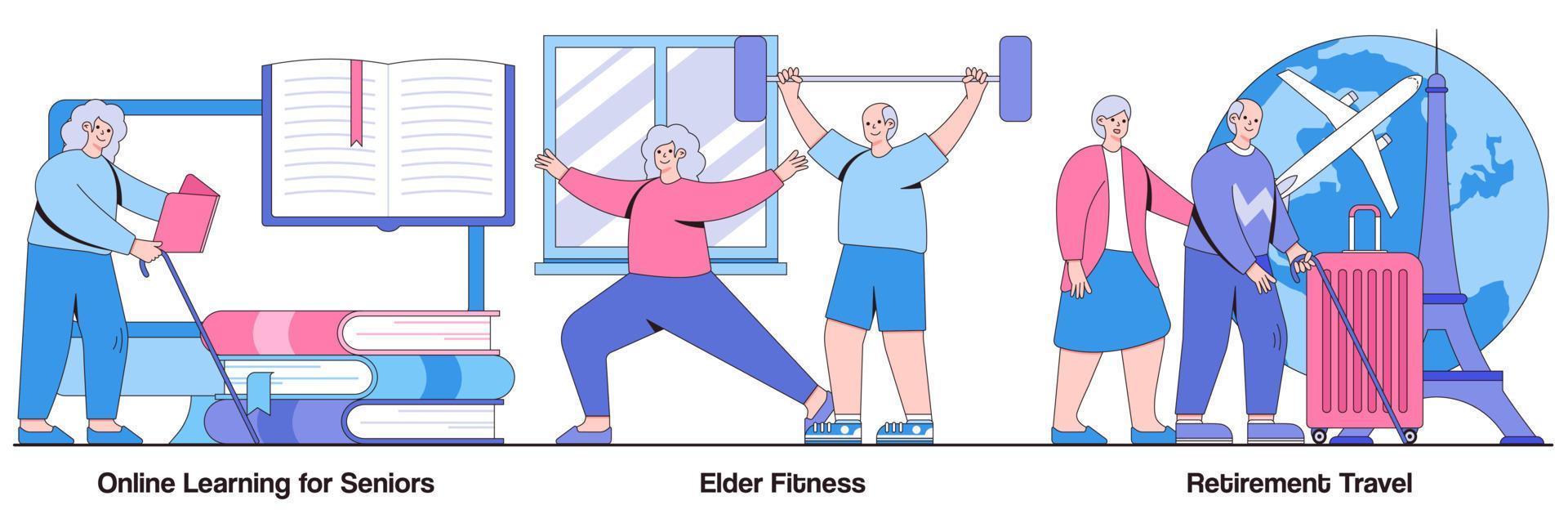 aprendizaje en línea para personas mayores, fitness para personas mayores, viajes de jubilación con paquete de ilustraciones de personajes de personas vector