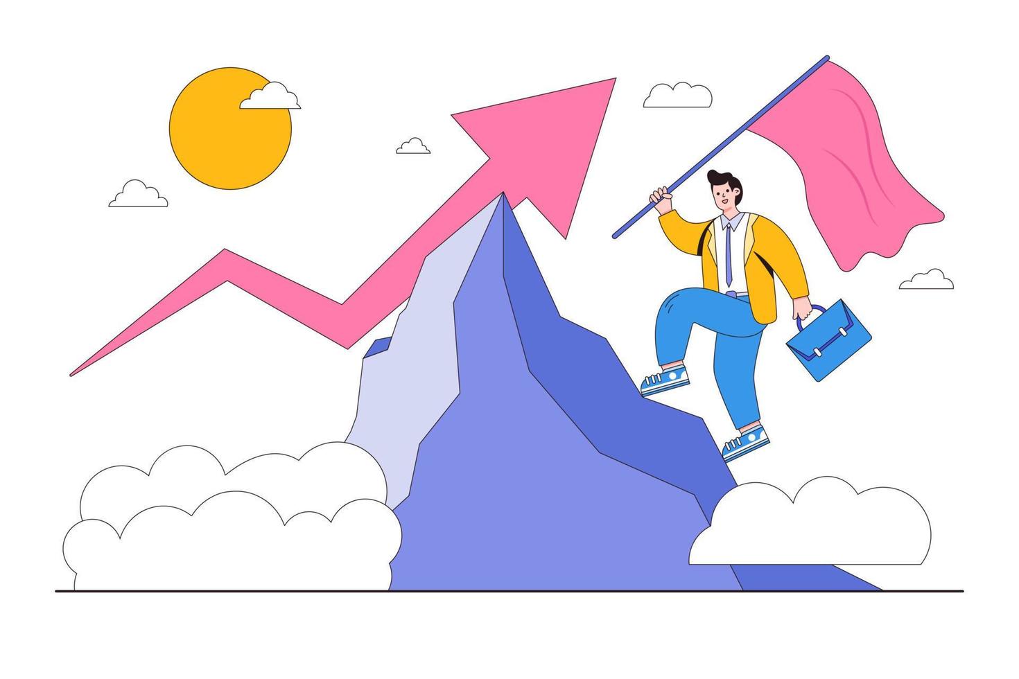 Reaching success, improving or developing a career, business tools to reach goal or target, growth and achievement concepts. Successful businessman climbing up the mountain peak and holding red flag vector