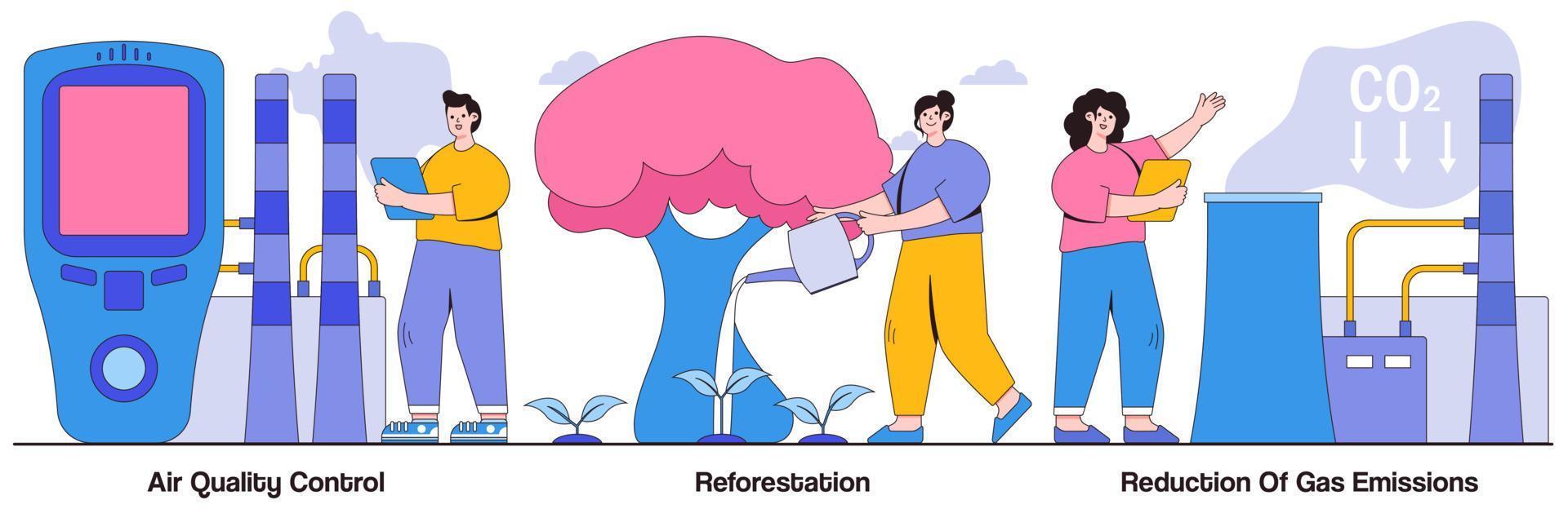 paquete ilustrado de control de calidad del aire, reforestación y reducción de emisiones de gases vector