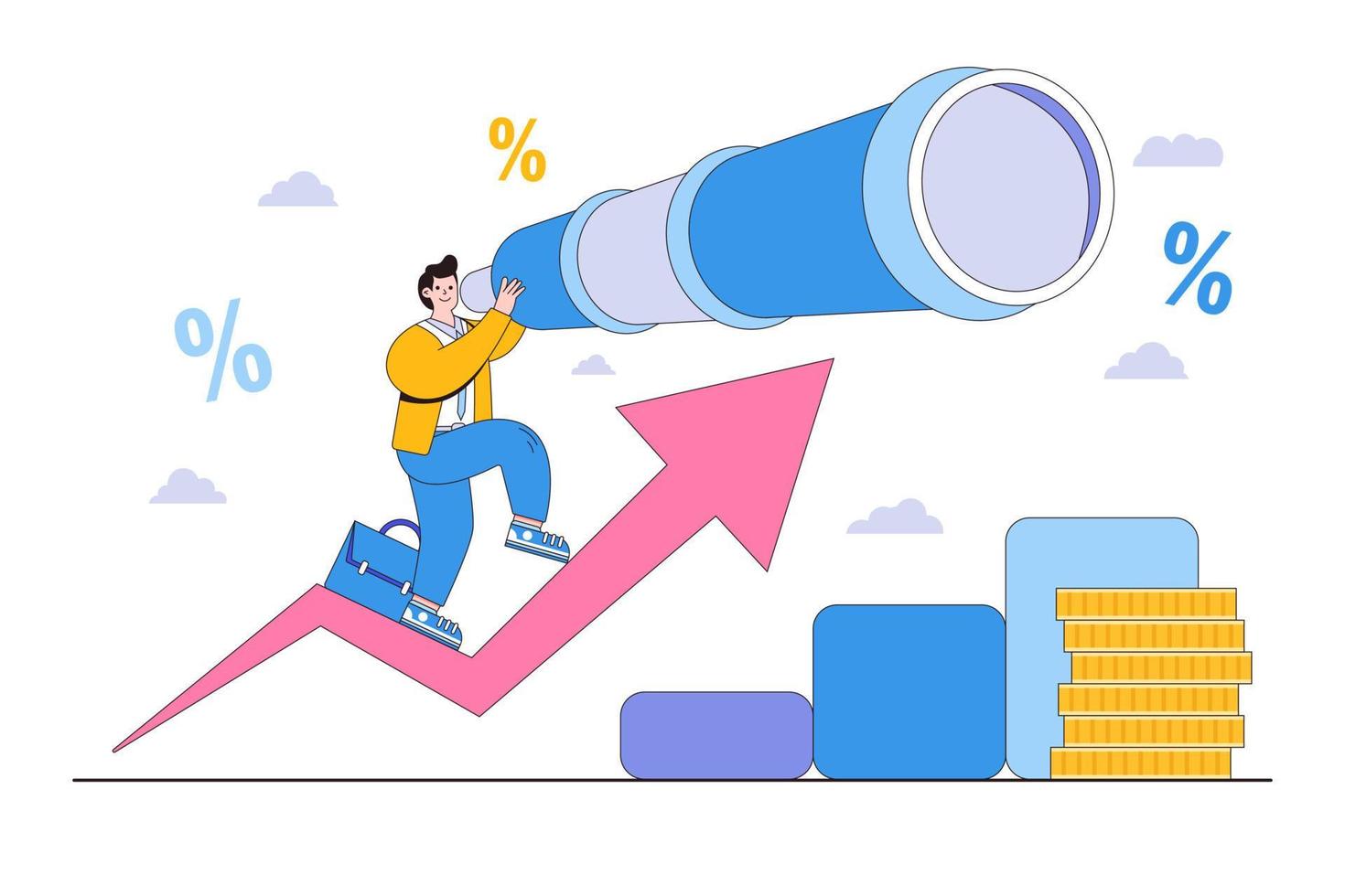 Profit and earnings forecast, future growth or career development vision, business opportunity or investment, and market prediction concepts. Businessman climb up rising arrow holding large telescope vector