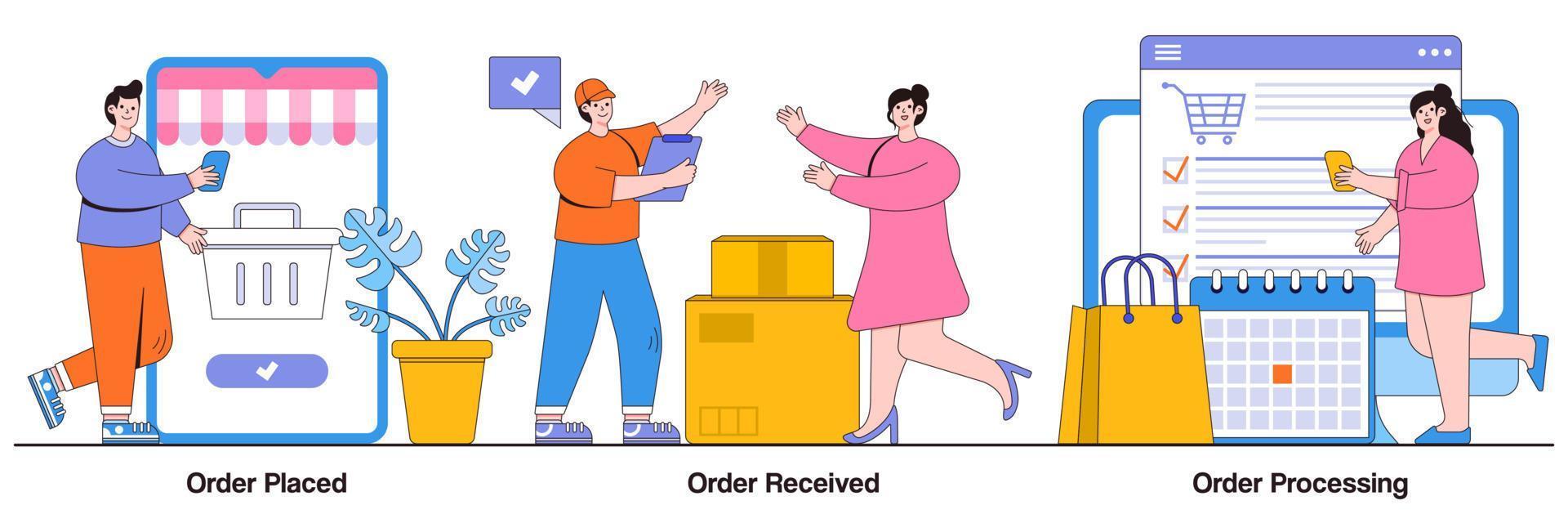 Order placed, received and processing concept with tiny people. E-commerce shopping vector illustration set. Online booking, customer service, warehouse software, virtual purchase metaphor