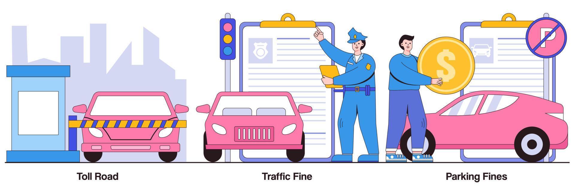 paquete ilustrado de carreteras de peaje, tráfico y multas de estacionamiento vector