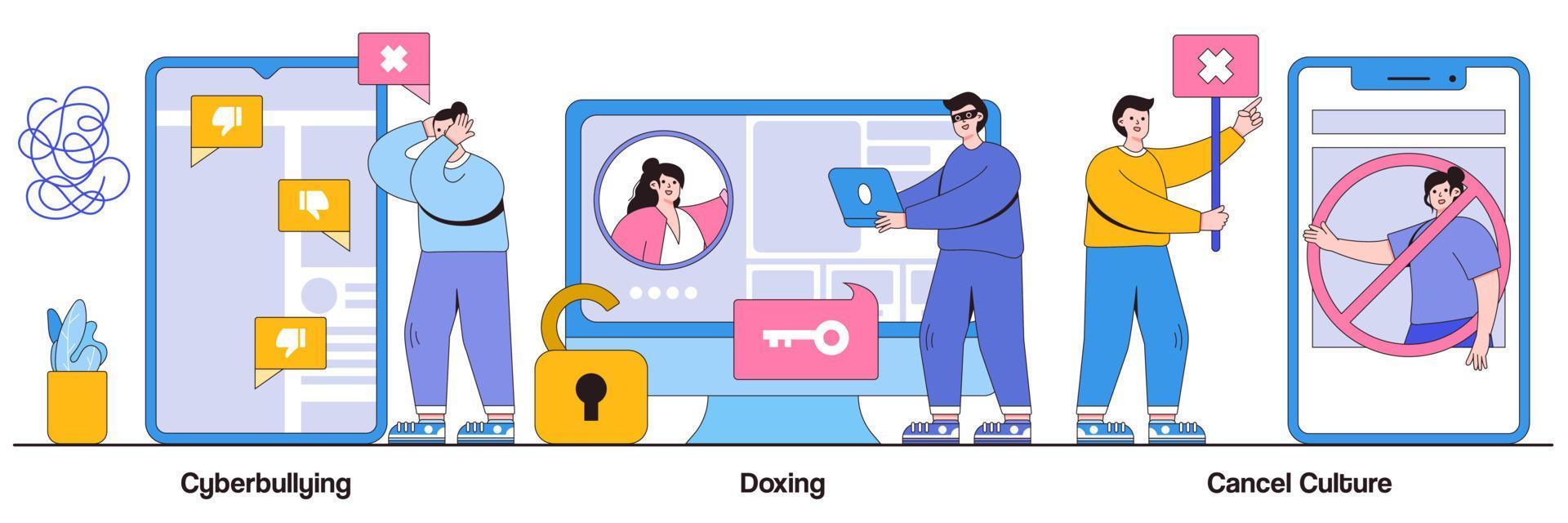 Cyberbullying and doxing, cancel culture concept with people character. Internet harassment vector illustration set. Private content, celebrity shaming, hacker attack, social media boycott metaphor