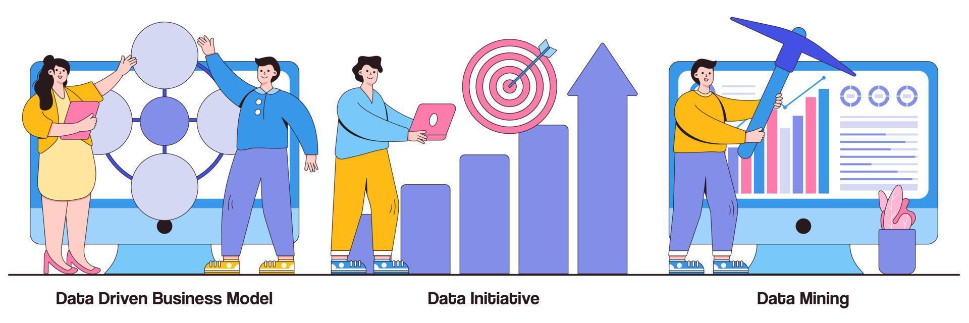 modelo de negocio basado en datos, iniciativa de datos, concepto de minería de datos con personas diminutas. aprendizaje automático y sistemas de bases de datos conjunto de ilustraciones vectoriales abstractas. informática, metáfora de análisis de código vector