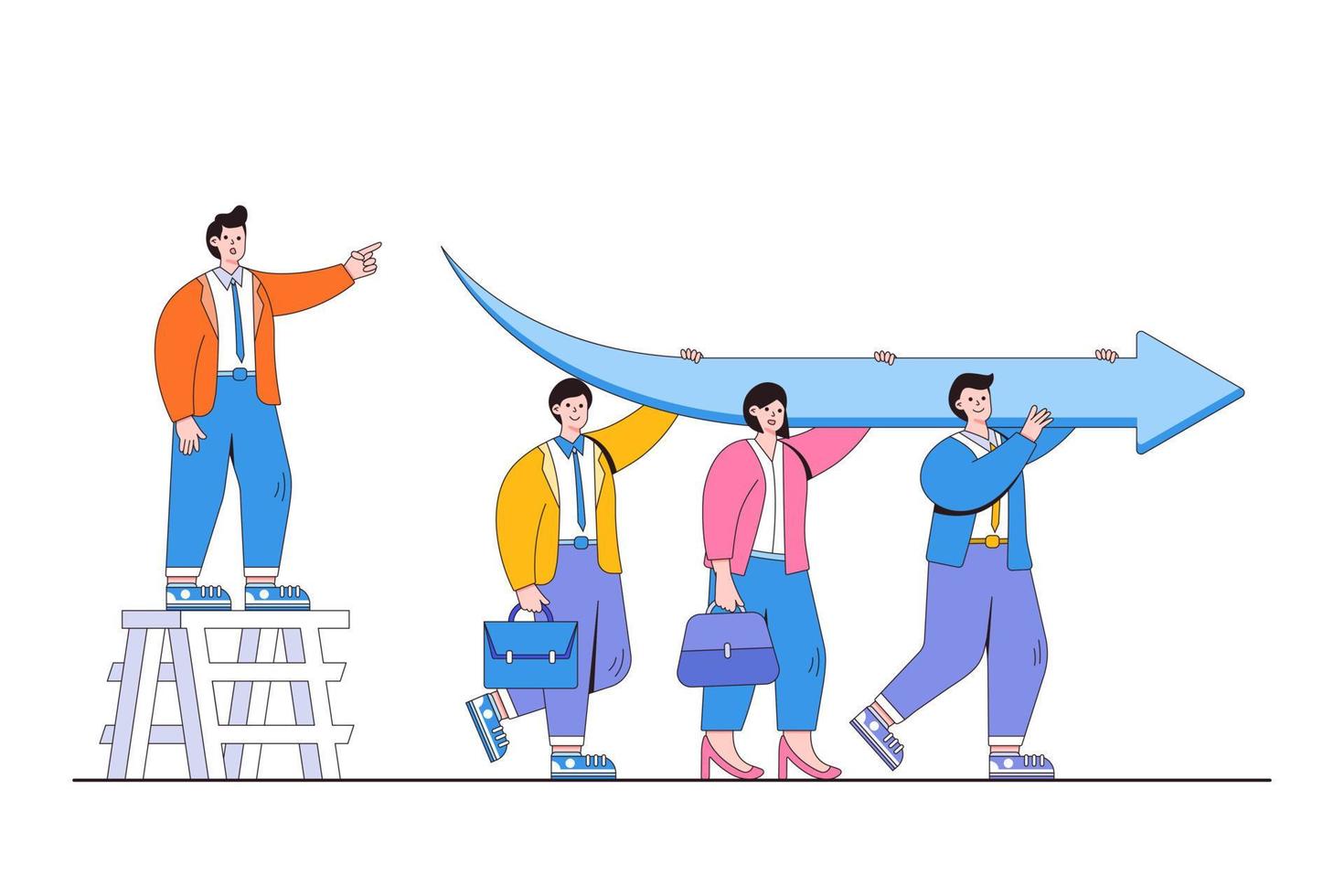 Team direction, leadership, business decision, advice or plan to achieve successful, motivation and inspiration concept. Businesspeople employees carrying big arrow toward boss pointing direction vector