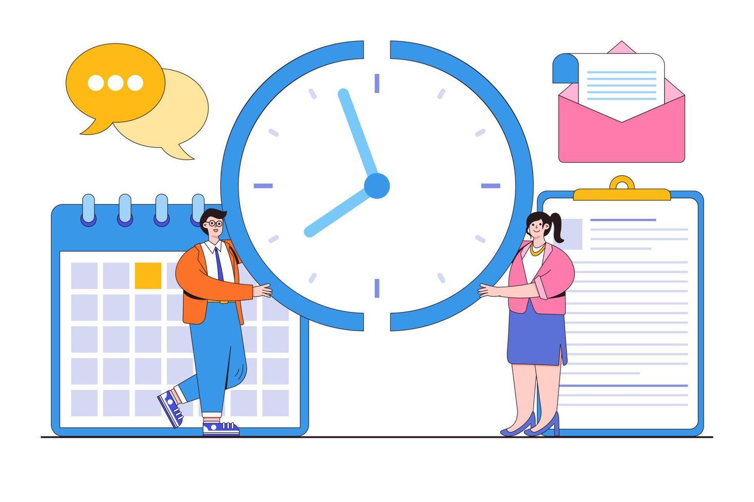 Time and project management, strategic planner to control team completion of tasks, and finish projects on time concepts. Businessmen and businesswomen work together to put the clock timer pieces vector