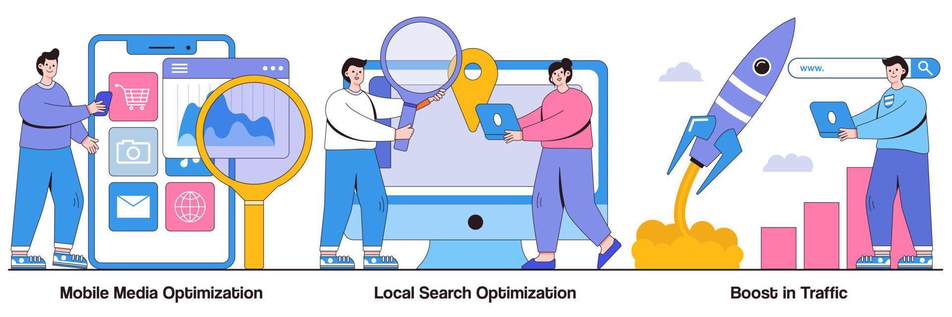 Mobile media optimization, local search, boost in traffic concept with tiny people. SEO strategy vector illustration set. Search engine targeting, business digital promotion, visitor growth metaphor