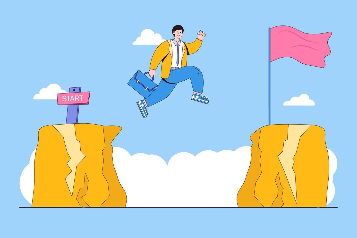 Business challenge, courage, bravery, risk, effort to achieve success, overcome difficulty, skill to solve problem concepts. Ambitious businessman jumping over obstacle over abyss for development vector