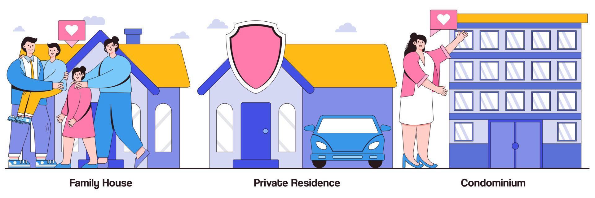 Family House, Private Residence, Condominium with People Characters Illustrations Pack vector