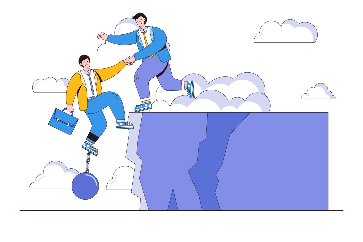 Collaborate, cooperate, partnership and agreement to help business success, together or teamwork supports each other concepts. Businessman helps partner chained with iron ball hanging on cliff vector