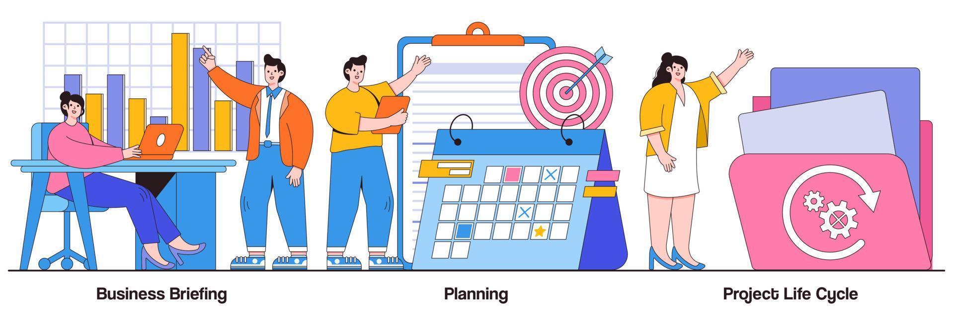 Business briefing, planning, project life cycle concept with tiny people. Project management vector illustration set. Task assignment, business case, financial data report, risk management metaphor