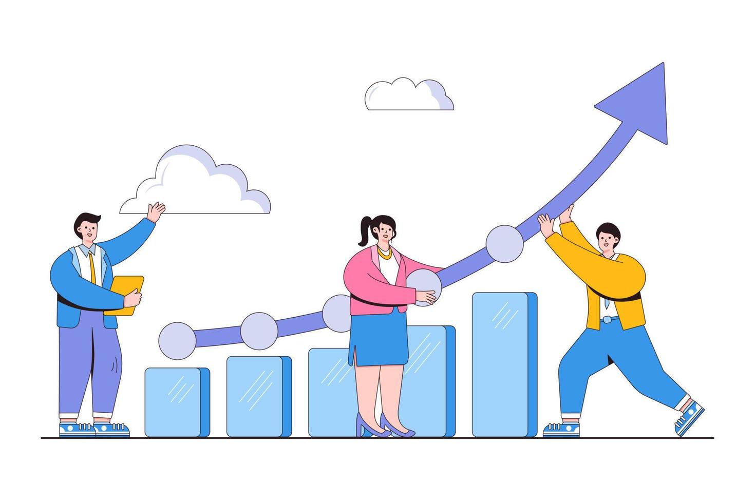 Improve or development to raise performance, growth or progress to reach goal and target, grow business sales and profit concepts. Businesspeople increasing graph investment revenue with line arrow vector