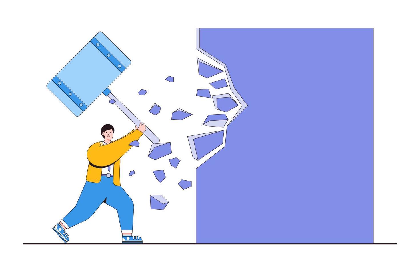 Break free, quit exhausted day job to start a new business, escape for freedom, resign from toxic workplace, or consider retirement concepts. Businessman holding a hammer breakthrough the wall vector