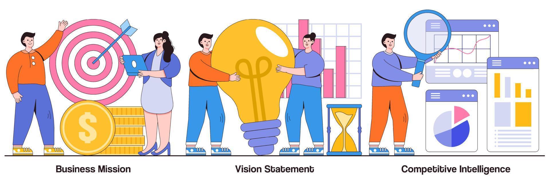 Business mission, vision statement, competitive intelligence concept with tiny people. Strategic business planning vector illustration set. Goals and philosophy, brand success, loyalty metaphor