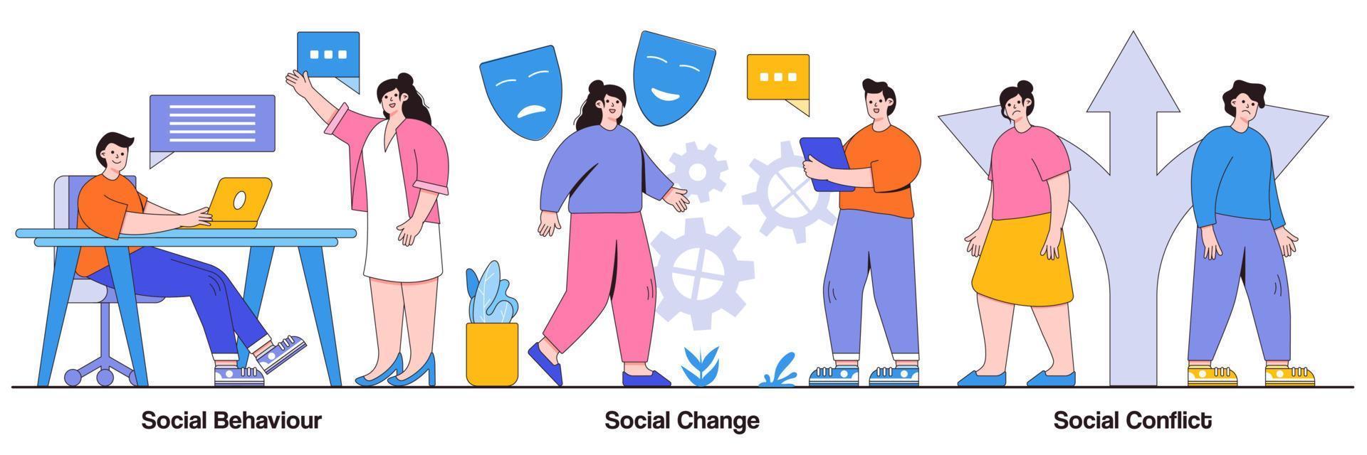 Social behaviour, change and conflict concept with tiny people. People interaction and communication abstract vector illustration set. Arguments, norms in society, personality influence metaphor