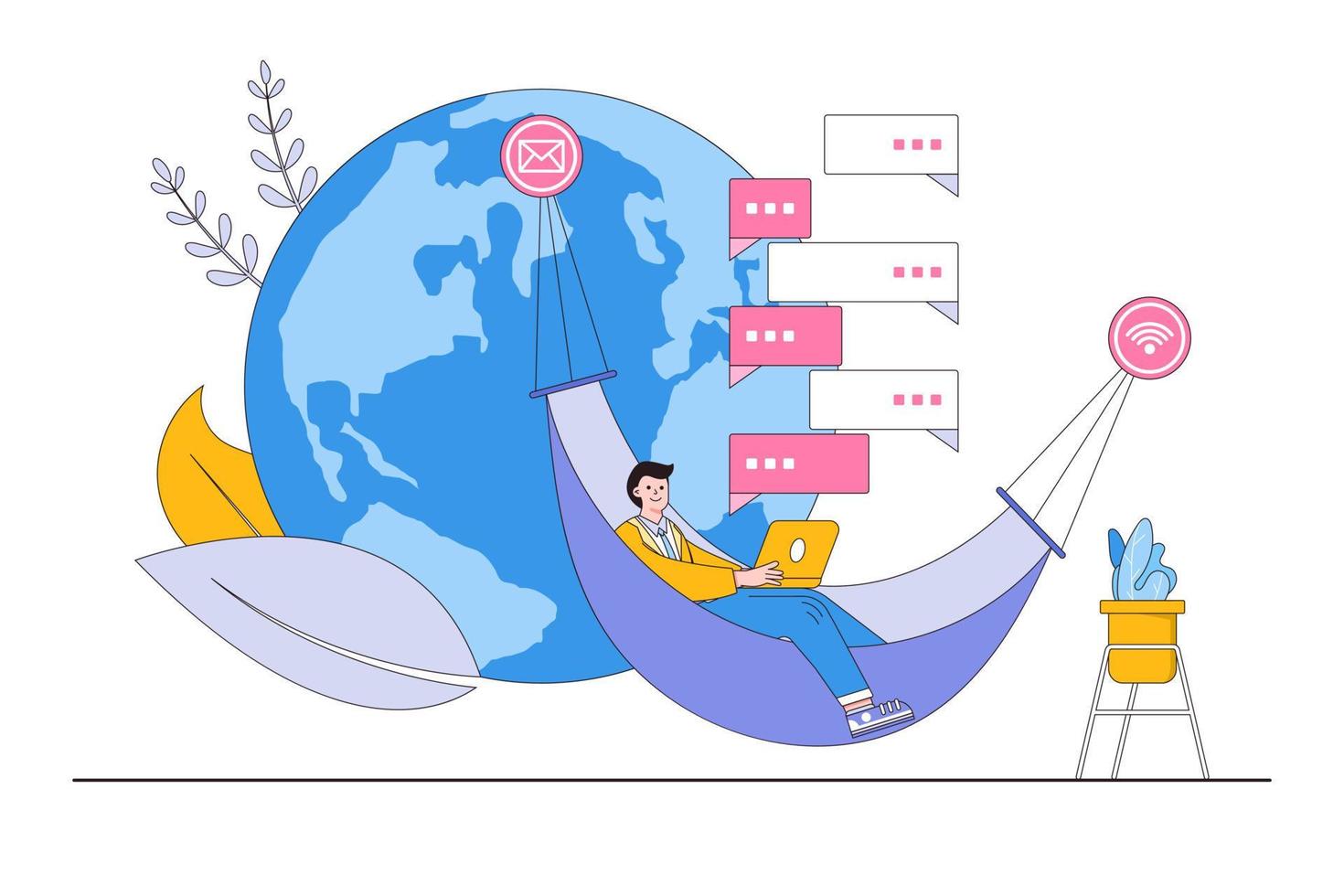 Remote job or distance work, virtual or online office, working from anywhere, freelancers, oversea employee concepts. Businessman sitting on hammock with laptop computer and world globe behind vector