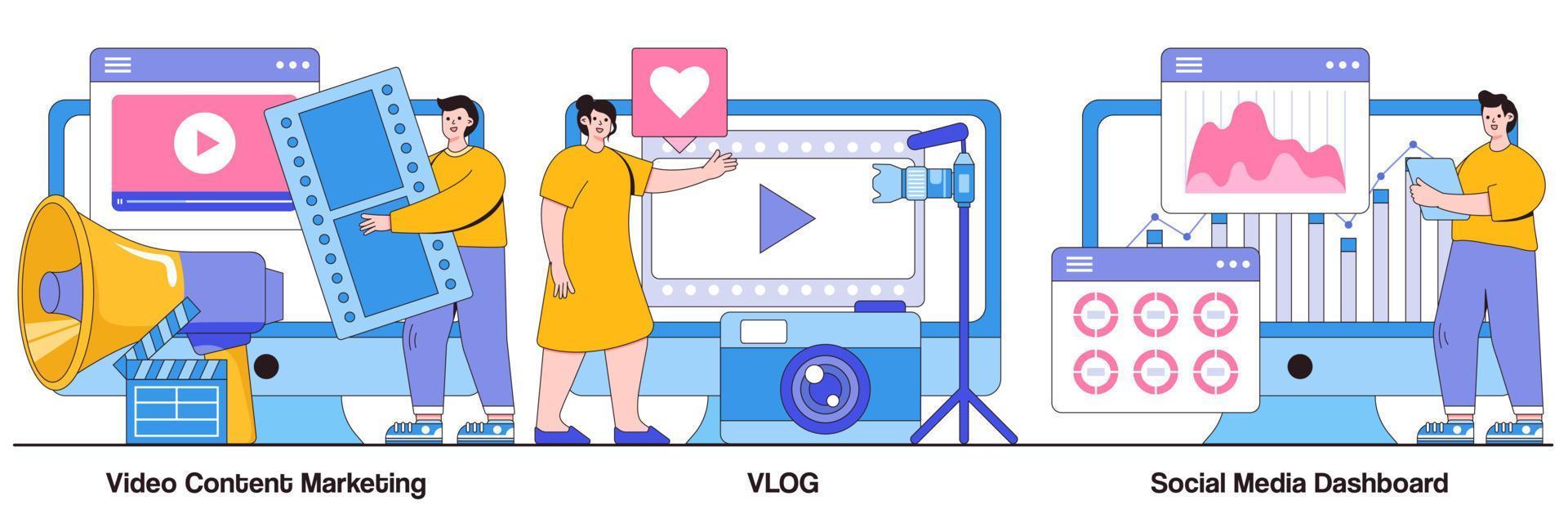 paquete ilustrado de panel de control de redes sociales, vlog y marketing de contenido de video vector