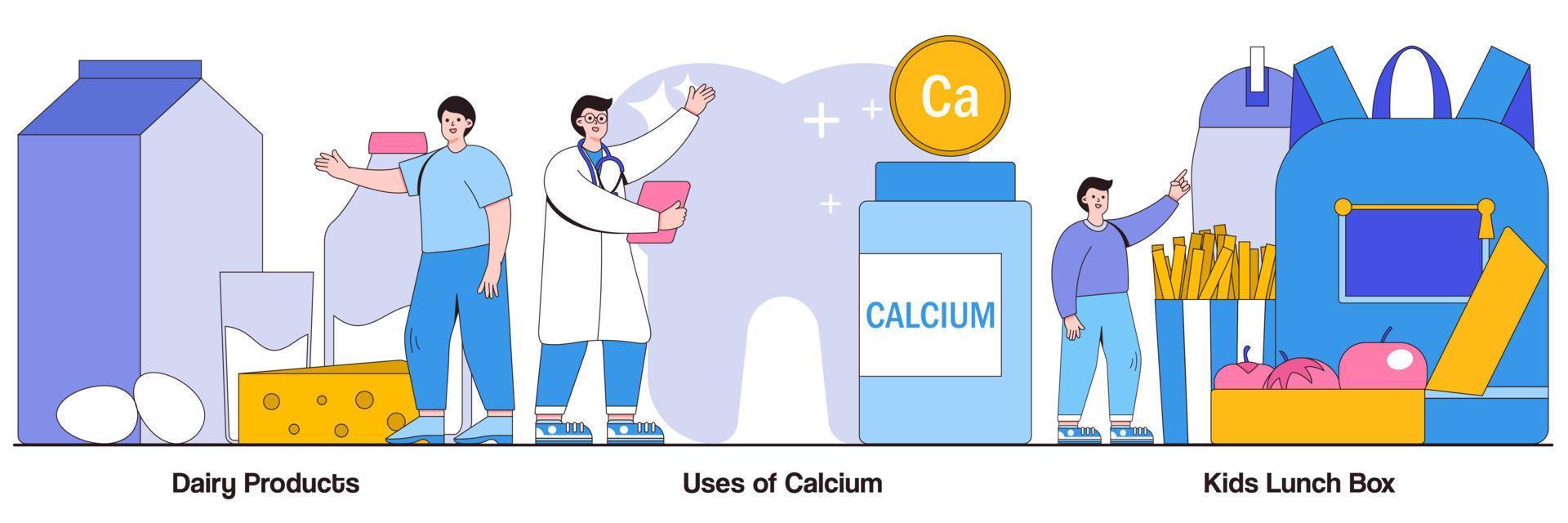 Dairy products, uses of calcium, kids lunch box concept with people character. Healthy nutrition vector illustration set. Healthy snack, food processing, strong bones and teeth, parent care metaphor