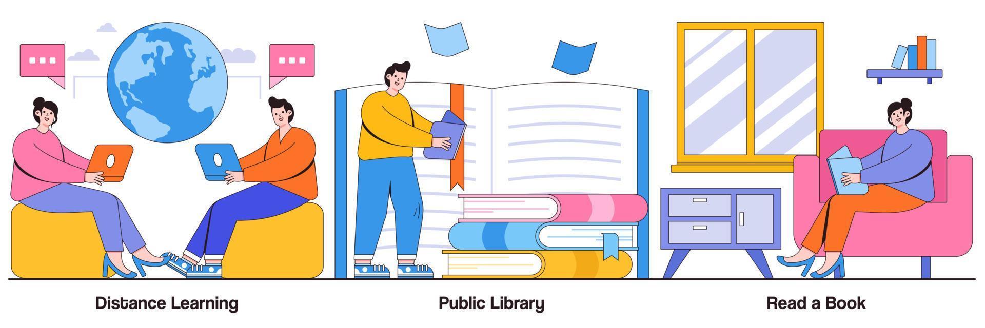 Distance learning, public library, read a book concept with people character. Off campus learning vector illustration set. Off campus learning, tutoring and workshop, download e-book, homework