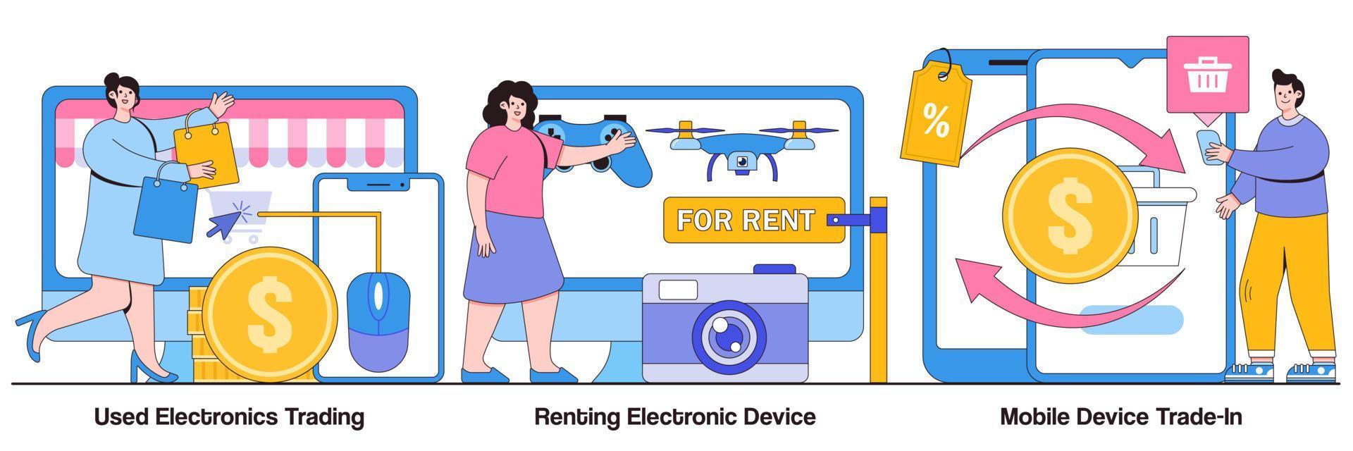 intercambio de productos electrónicos usados, alquiler de dispositivos electrónicos y paquete ilustrado de intercambio de dispositivos móviles vector