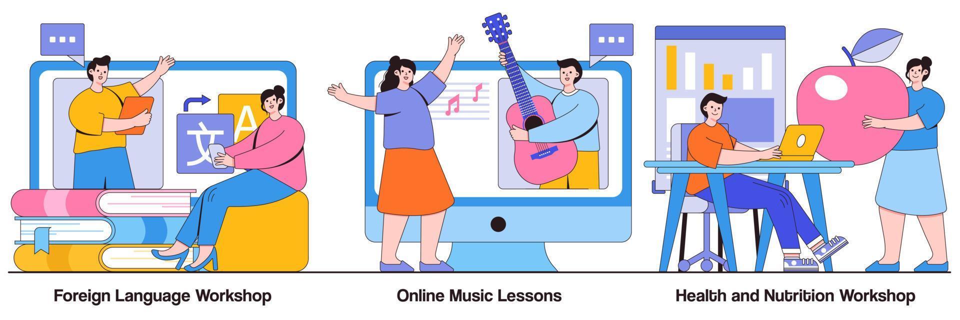 Foreign language workshop, online music lesson, health and nutrition workshop concept with tiny people. Supplementary education vector illustration set. Native speaker course, learn cooking metaphor