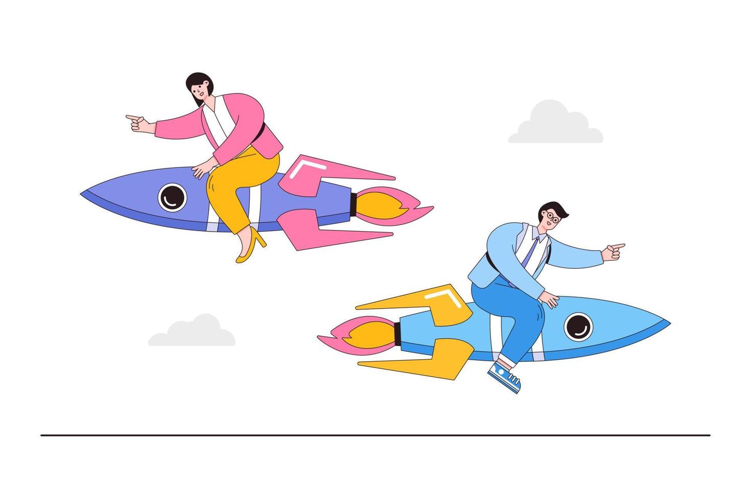 Different individual way, corporate or team goals conflict, decision disagreement, contrast in work project concepts. Businessman and businesswoman sit on rocket and flying with opposite direction vector
