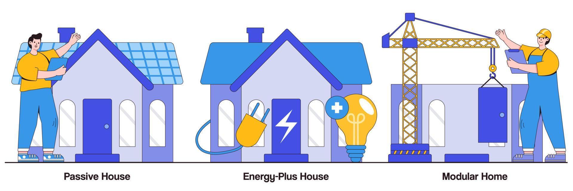 paquete ilustrado de casas modulares, pasivas y de energía plus vector
