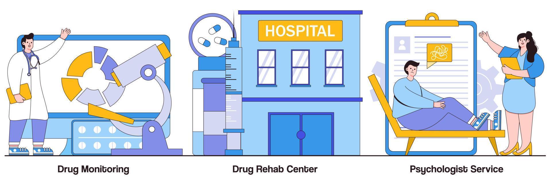 Drug Monitoring, Drug Rehab Center, and Psychologist Service Illustrated Pack vector