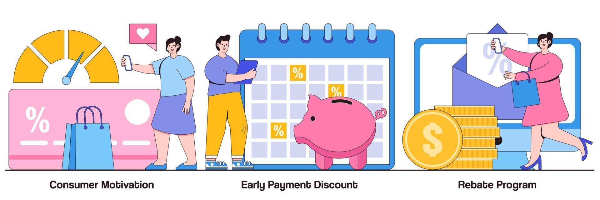 Consumer motivation, early payment discount, rebate program concept with tiny people. Sale growth strategy abstract vector illustration set. Customer loyalty, sales invoice, discount coupon metaphor