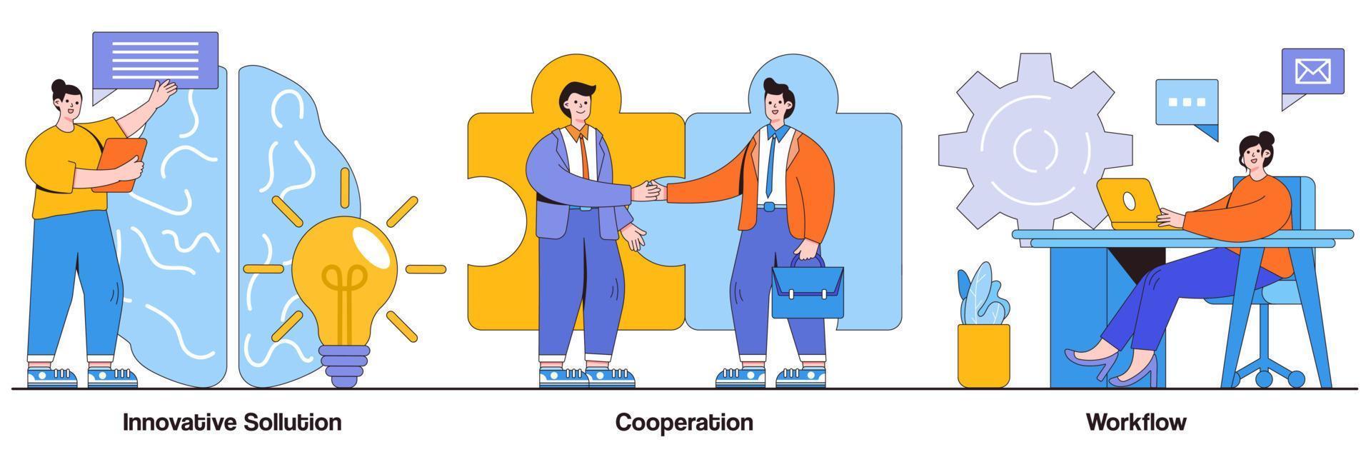 Innovative solution, cooperation, workflow concept with tiny people. Effective work abstract vector illustration set. Creative ideas generation, team building, productivity management metaphor
