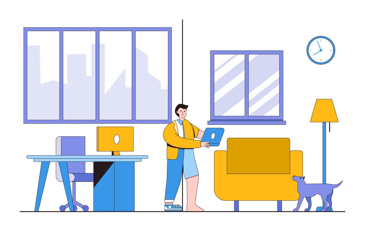 Employees can choose to work from home or in the office for the best productivity and result concepts with people characters. Businessman who works from both home and the office with a hybrid cloth vector