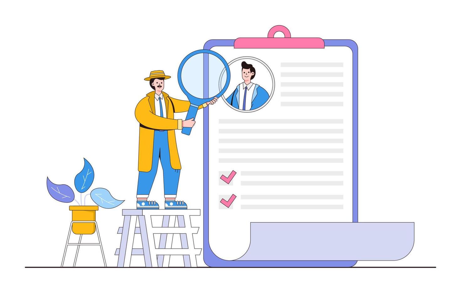 Criminal backgrounds check on candidate before hiring, recruitment, staff research, resume analysis, career history, work experience concepts. Detective using magnifier analyzing employee document vector