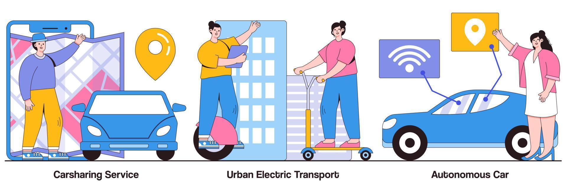 paquete ilustrado de servicio de auto compartido, transporte eléctrico urbano y automóvil autónomo vector