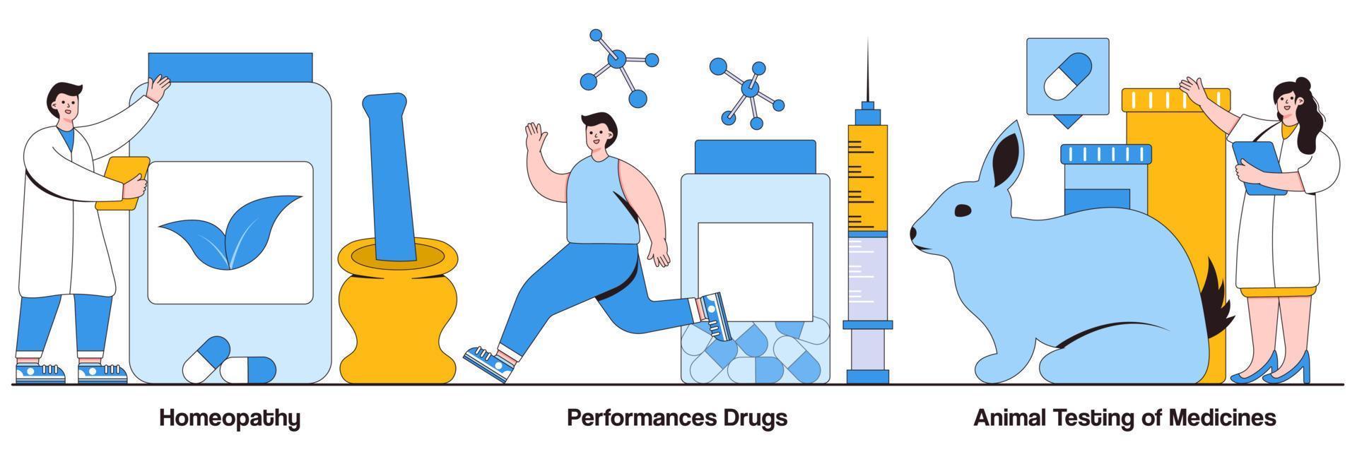 paquete ilustrado de homeopatía, drogas de rendimiento y pruebas de medicamentos en animales vector