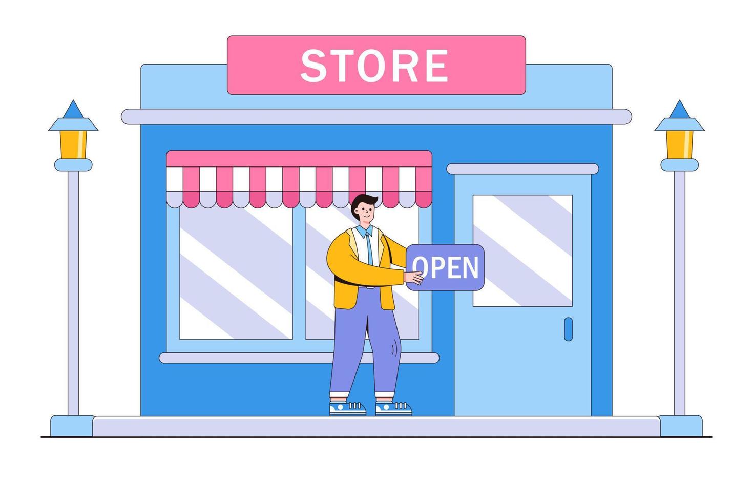 Business owner and entrepreneur start retail shop, build storefront, or open an online shop concepts. Confidence businessman holds open signboard and stands in front of his newly opened company vector