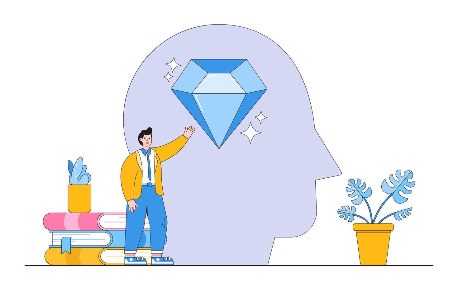 Self-discovery, finding yourself searching for self value, success dream, meaning of life, exploration, inner or inside concepts. Happy businessman succeed finding valuable diamond inside his head vector
