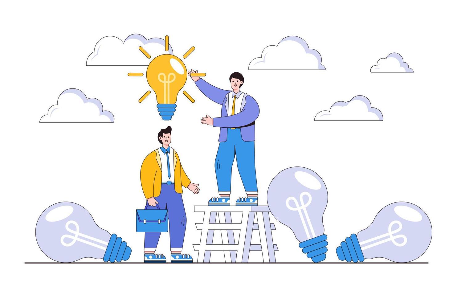 Change to new innovation, business, or solution to disrupt or replace an outdated model with bright technology concepts. Success businessman leader give another businessman new idea lightbulb vector