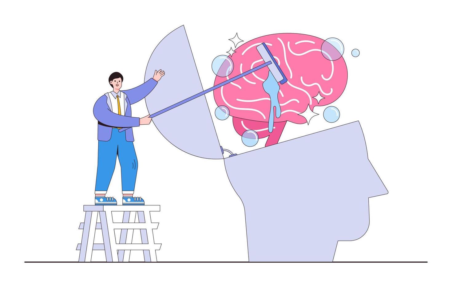 Clear your mind to recover focus, increase your creative thinking capacity, and expand your memory concepts illustrations. Ambitious businessman wash and clean the brain in his big head, brainwashing vector