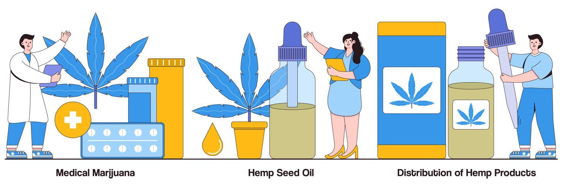paquete ilustrado de marihuana medicinal, aceite de semilla de cáñamo y distribución de productos de cáñamo vector
