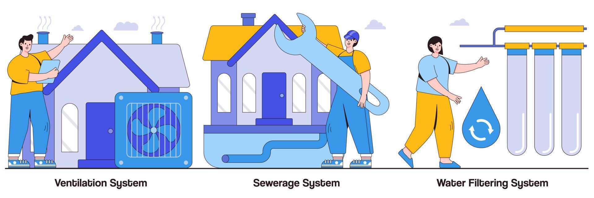 Ventilation, Sewerage and Water Filtering System with People Characters Illustrations Pack vector