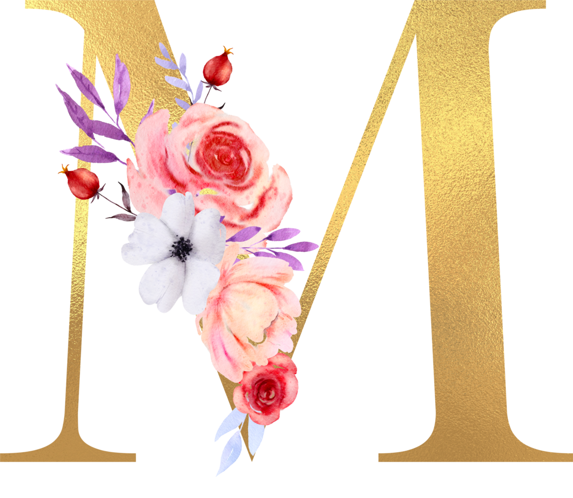 Watercolor Flowers with Gold Alphabet png