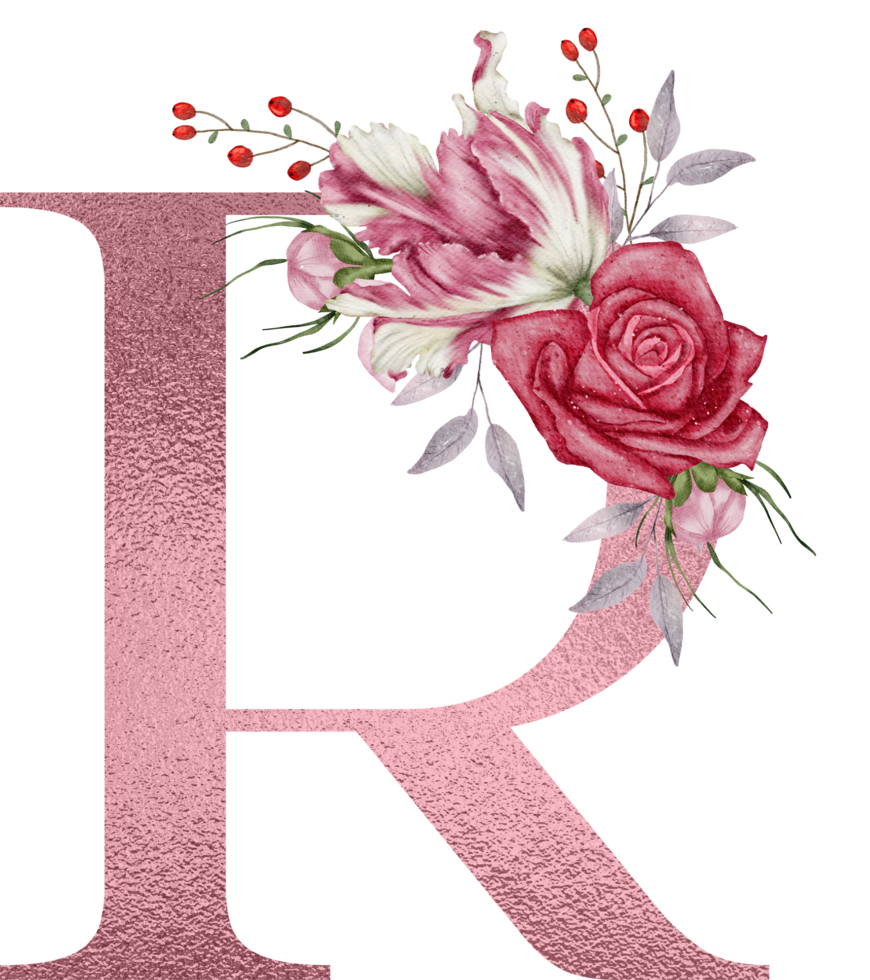 Watercolor Flowers with Rose Gold Alphabet png