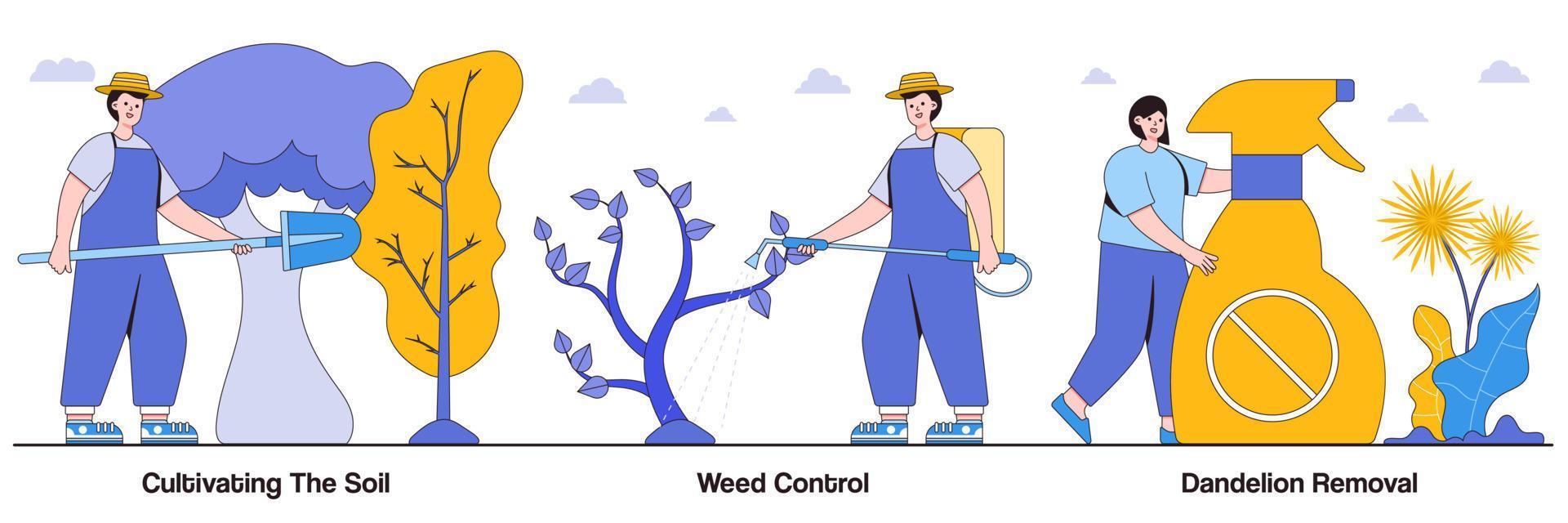 cultivar el suelo, controlar las malas hierbas, eliminar el diente de león con el paquete de ilustraciones de personajes de personas vector