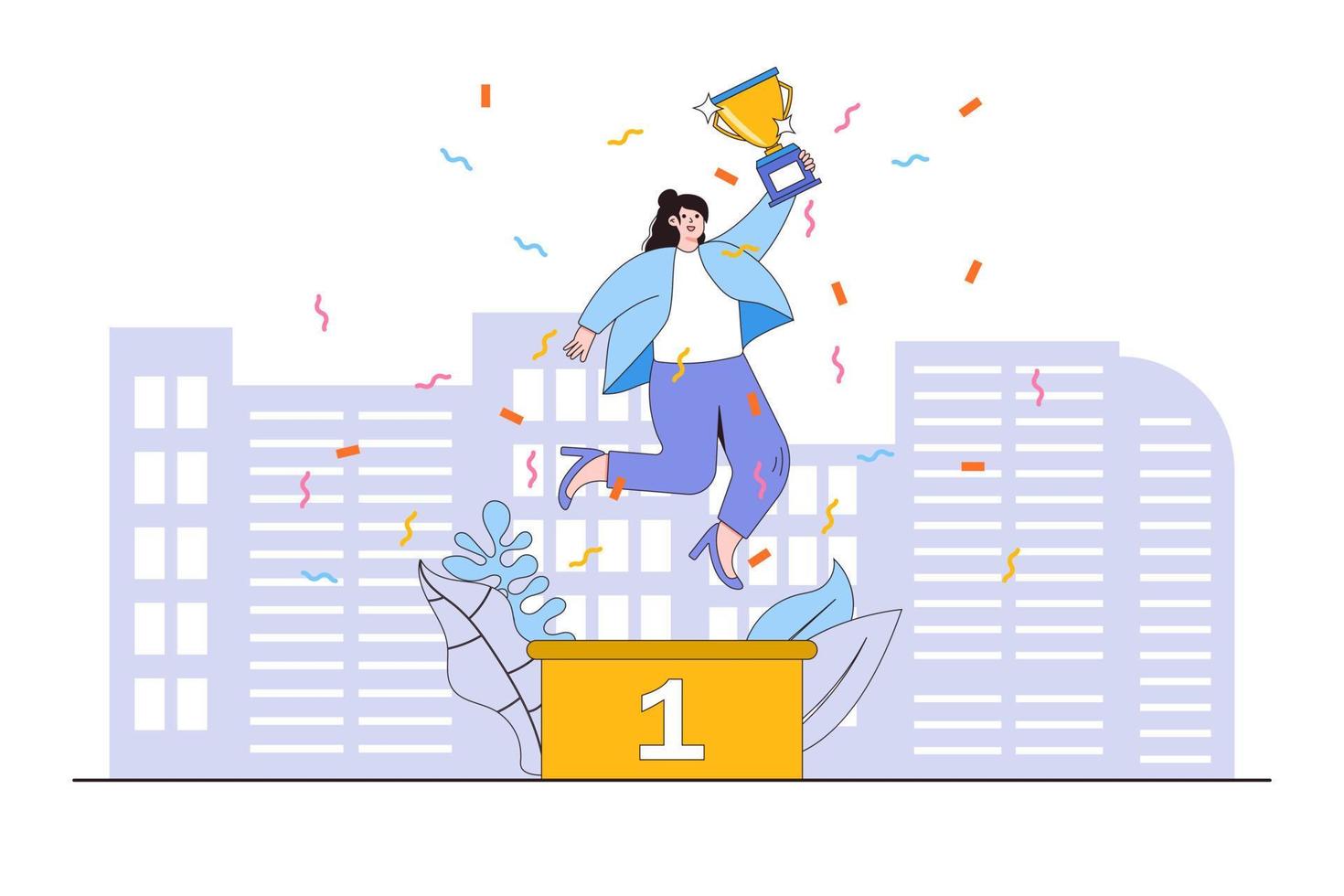 Employee success recognition, encouragement and motivation, cheering or honor on success or achievement concepts. Businesswoman is jumping on a winners pedestal with a golden cup in the hand vector