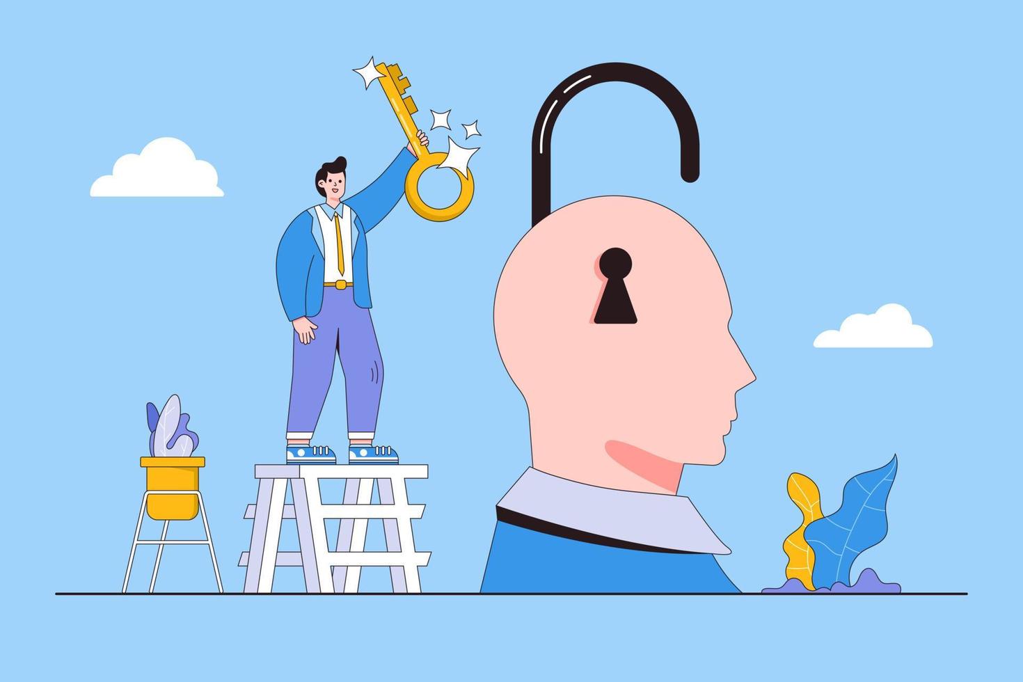Solving business problem, unlock task answer, professional finding creative ideas and innovation solution to company issue concepts. Smart businessman holding golden key to open locked head brain vector