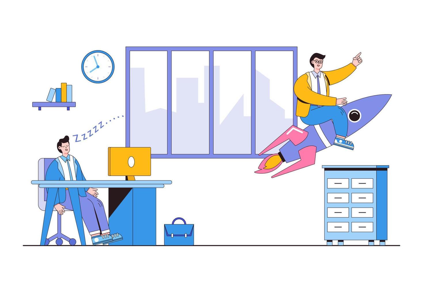 Leadership to win business competition, competitive advantage to work success, innovation, and motivation concepts illustrations. Businessman flying on rocketship while lazy competitors sleeping vector