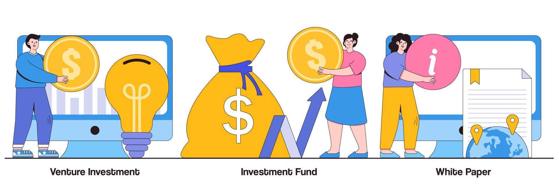 Venture investment, investment fund, white paper concept with people character. Creative idea generation vector illustration set. Crowdfunding campaign, startup financing, seed funding metaphor
