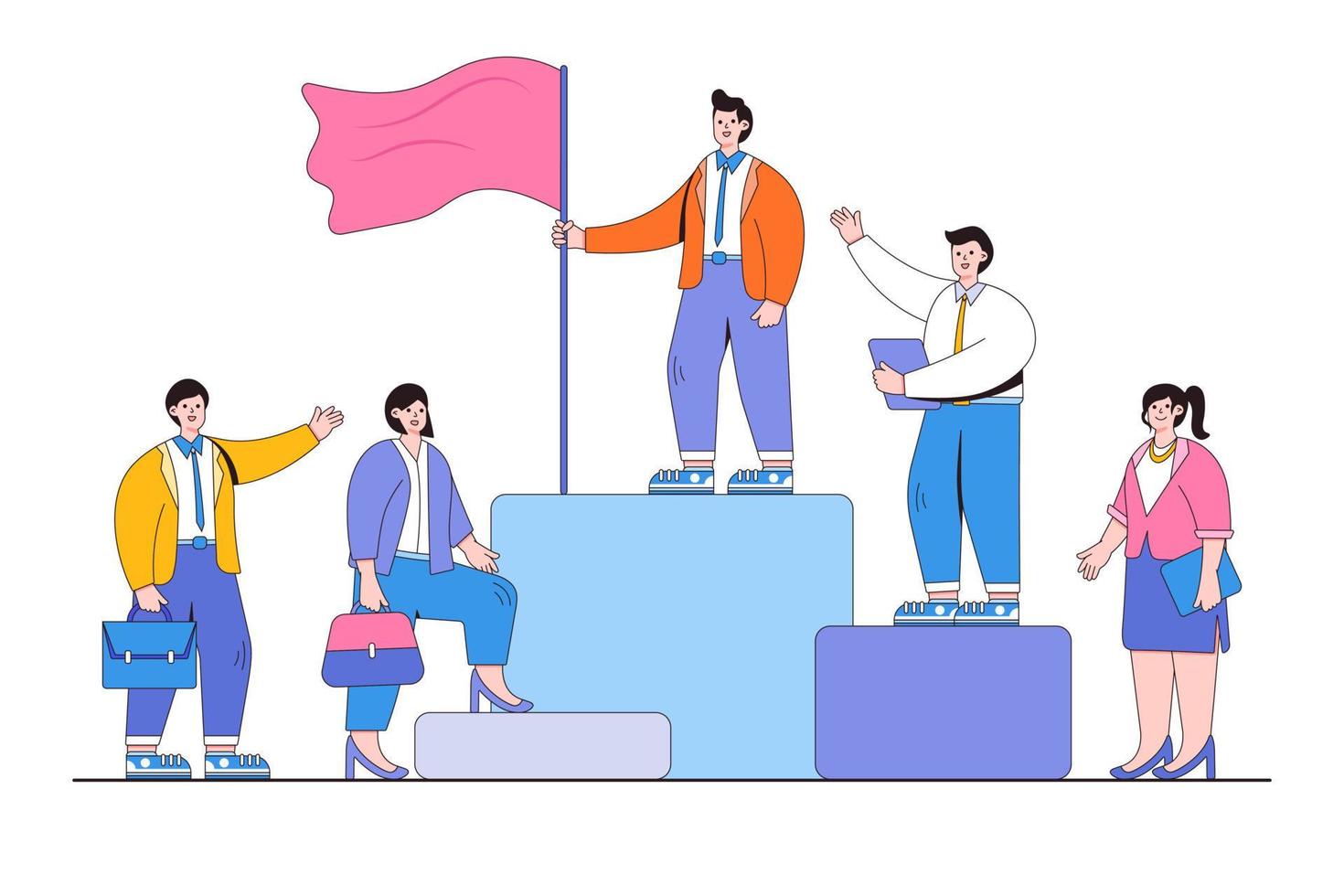 Leadership to guide team members, business direction to reach goal or target, and teamwork to success at work concepts. Businessman leader holds a winner flag and leads a group of businesspeople vector